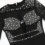 Women Round Neck Long Sleeve Beaded Hollow High Slit Dress