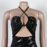 Lace-Up Halter Neck Slit Slim Sequin Dress