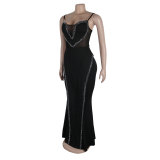 Sexy Beaded See-Through Mesh Patchwork Lace Strap Bodycon Dress