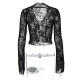 Women's Summer Fashion Print Sexy Mesh Lace Long Sleeve Top