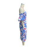 Women's Summer Fashion Sexy Short Sleeve Printed Off Shoulder Bodycon Dress