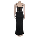 Sexy Beaded See-Through Mesh Patchwork Lace Strap Bodycon Dress