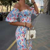 Women's Summer Fashion Sexy Short Sleeve Printed Off Shoulder Bodycon Dress