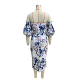 Women's Summer Fashion Sexy Short Sleeve Printed Off Shoulder Bodycon Dress
