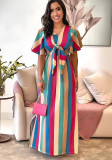 Striped Print Lace-Up Bow Slim Waist A-Line Long Dress