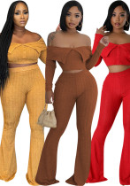 Summer Women's Clothing Solid Color Fashion Off Shoulder Long Sleeve Top Wide Leg Pants Two Piece Set Summer Women's Clothing Solid Color Fashion Off Shoulder Long Sleeve Top Wide Leg Pants Two Piece Set