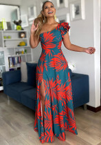 Women's Slash Shoulder Sexy Slit Printed Formal Party Evening Dress Women's Slash Shoulder Sexy Slit Printed Formal Party Evening Dress