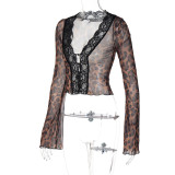 Women's Summer Fashion Print Sexy Mesh Lace Long Sleeve Top