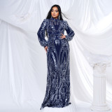 Plus Size Women Long Sleeve Round Neck Formal Party Sequin Maxi Evening Dress