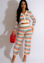 Women summer sexy knitting contrast color long sleeve Top and wide leg pants Casual two-piece suit Women summer sexy knitting contrast color long sleeve Top and wide leg pants Casual two-piece suit