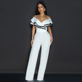 Women Summer Off Shoulder Short Sleeve Wide Leg Jumpsuit