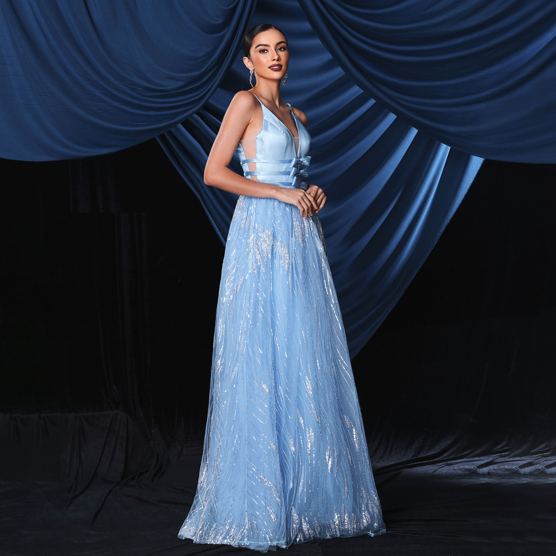 Women Suspender V-Neck Mesh Formal Party Maxi Evening Dress(Processing time need 3-6 days)