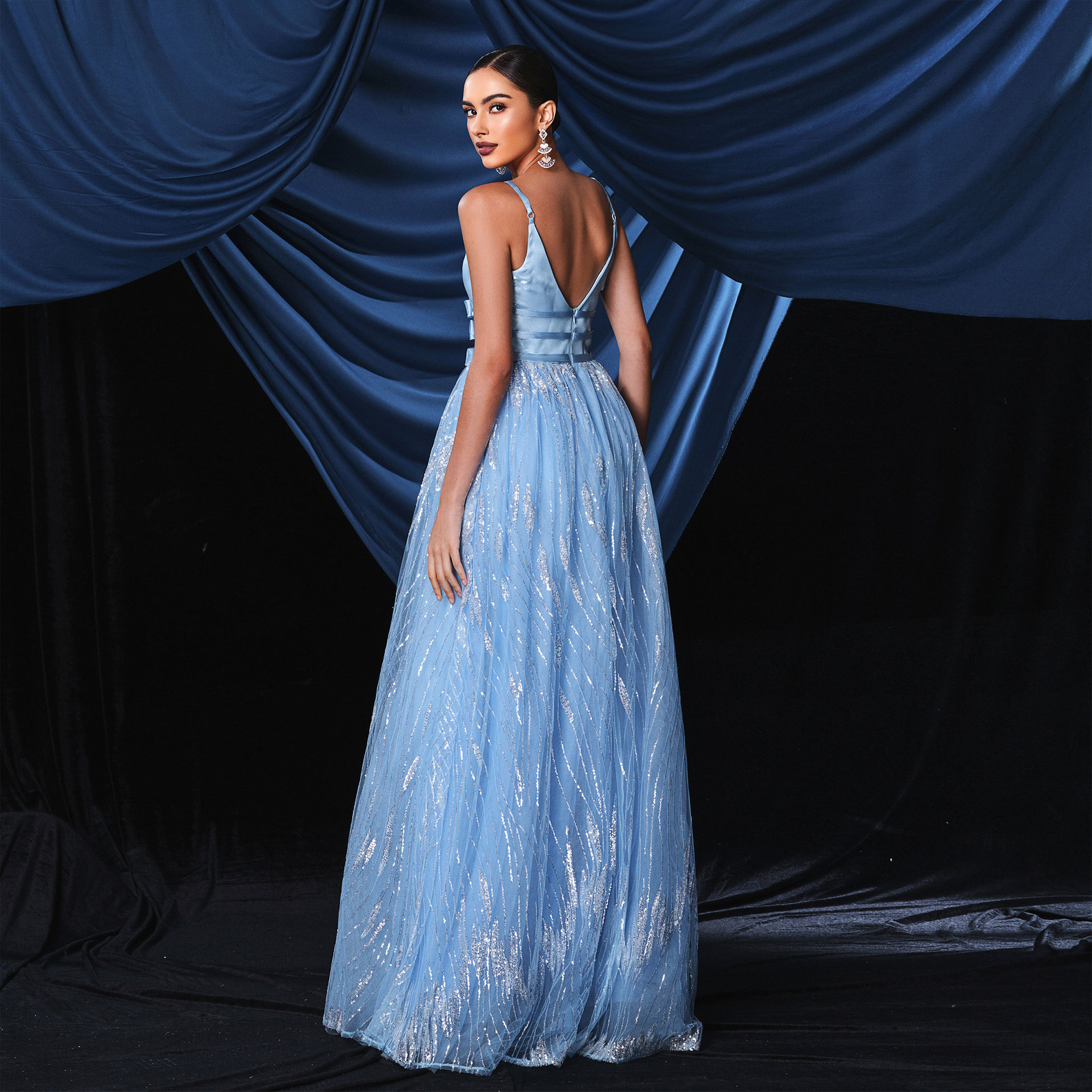 Women Suspender V-Neck Mesh Formal Party Maxi Evening Dress(Processing time need 3-6 days)