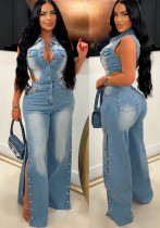Women Elastic Washed Denim Jumpsuit