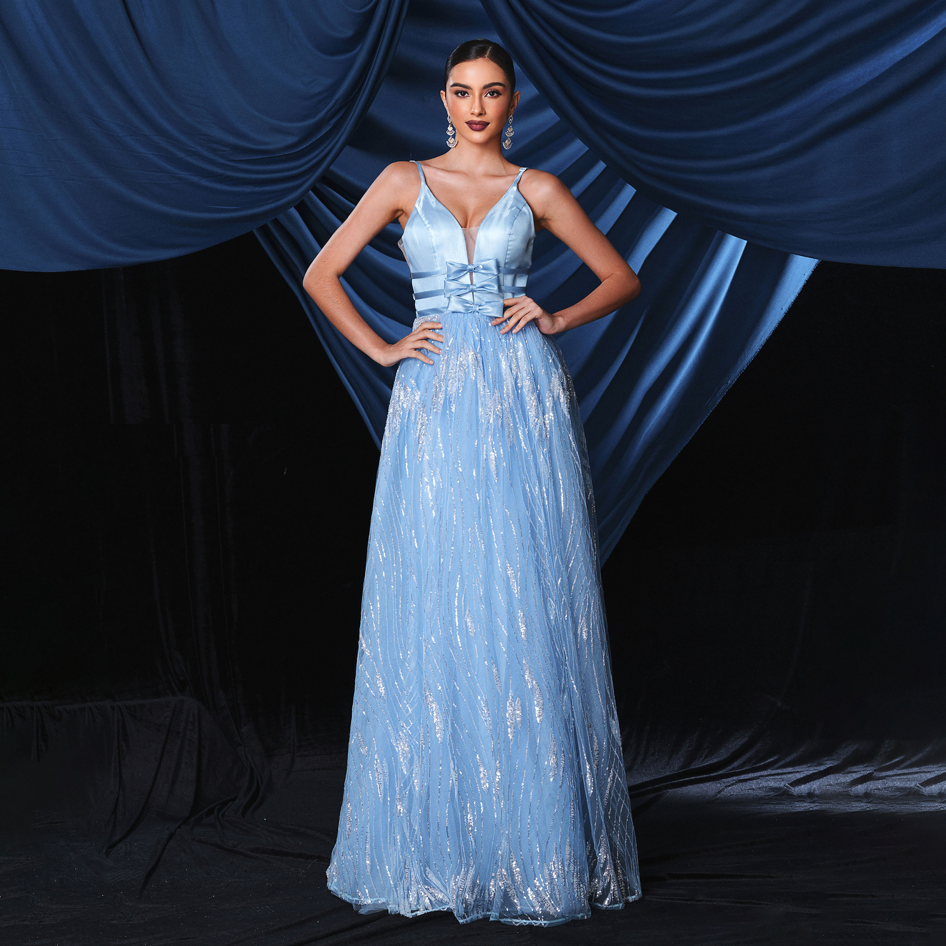 Women Suspender V-Neck Mesh Formal Party Maxi Evening Dress(Processing time need 3-6 days)