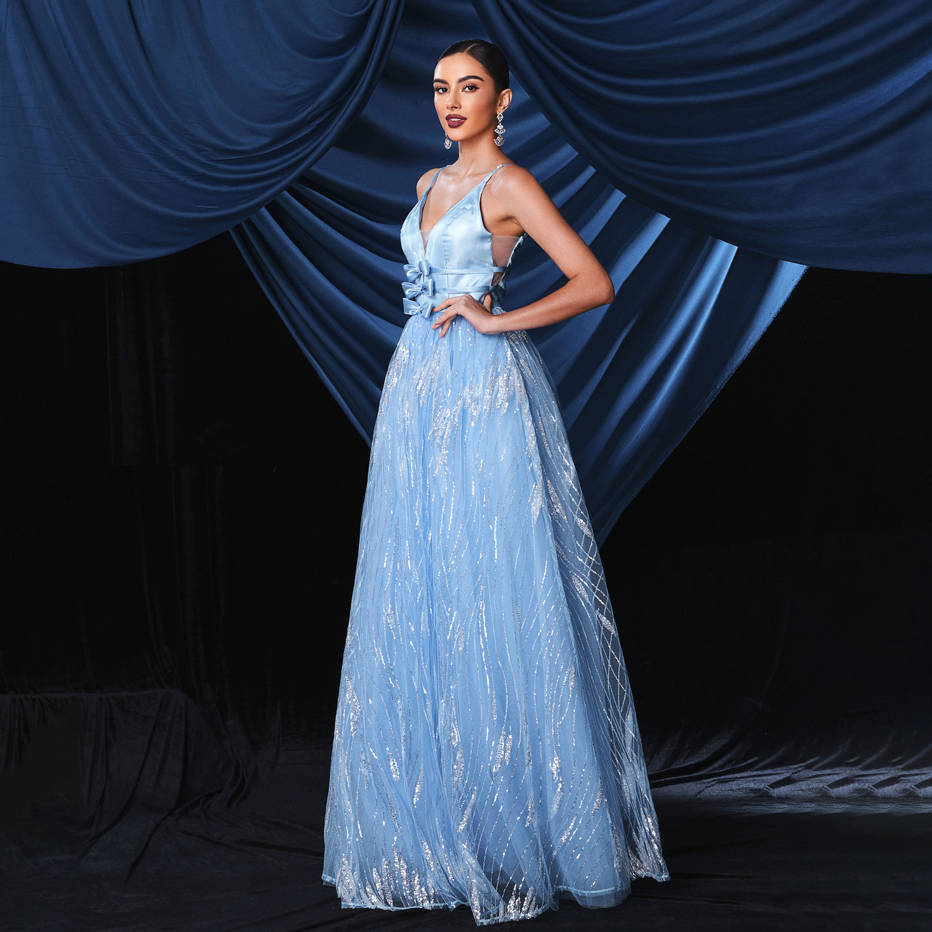 Women Suspender V-Neck Mesh Formal Party Maxi Evening Dress(Processing time need 3-6 days)