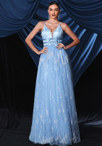 Women Suspender V-Neck Mesh Formal Party Maxi Evening Dress（Processing time need 3-6 days）