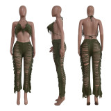 summer sexy women's fashion knitted hollow transparent tassel two-piece suit