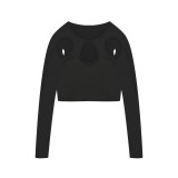 Women's Spring And Summer Street Solid Color Round Neck Long Sleeve Hollow Crop Long Sleeve T-Shirt Top