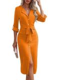 Autumn solid color Turndown Collar belt Chic slit women dress