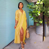 Women Shiny Satin Loose Casual Shirt Dress