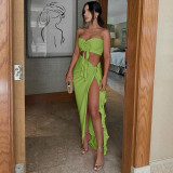 Women's Summer Fashion Sexy Strapless Slim Flower Pleated Split Tie Two Piece Skirt Set
