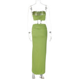 Women's Summer Fashion Sexy Strapless Slim Flower Pleated Split Tie Two Piece Skirt Set