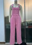 Women Retro Sleeveless Denim Overalls Loose Straight Denim Jumpsuit