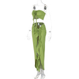 Women's Summer Fashion Sexy Strapless Slim Flower Pleated Split Tie Two Piece Skirt Set