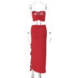 Women's Summer Fashion Sexy Strapless Slim Flower Pleated Split Tie Two Piece Skirt Set
