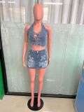 Women denim cross embroidery casual stretch denim top and skirt two-piece set