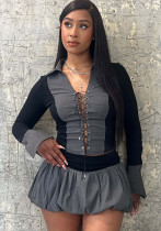Women Sexy Lace-Up Contrast Long Sleeve Top and Puffy Skirt Set Underwear Women Sexy Lace-Up Contrast Long Sleeve Top and Puffy Skirt Set Underwear