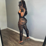 Sexy Autumn Women's strap See-Through mesh High Stretch tight slim jumpsuit