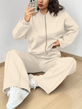 Spring autumn two-piece trendy solid color zipper long sleeve loose top elastic sweatpants two-piece set