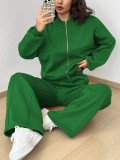 Spring autumn two-piece trendy solid color zipper long sleeve loose top elastic sweatpants two-piece set