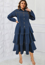 Plus Size Women's Denim Long Sleeve Turndown Collar layer Long Dress Plus Size Women's Denim Long Sleeve Turndown Collar layer Long Dress