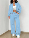 Spring autumn two-piece trendy solid color zipper long sleeve loose top elastic sweatpants two-piece set