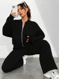 Spring autumn two-piece trendy solid color zipper long sleeve loose top elastic sweatpants two-piece set