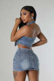 Women denim cross embroidery casual stretch denim top and skirt two-piece set