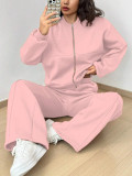 Spring autumn two-piece trendy solid color zipper long sleeve loose top elastic sweatpants two-piece set