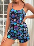 Halloween skull bone flower print suspender top and shorts pajamas set