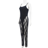 Sexy Autumn Women's strap See-Through mesh High Stretch tight slim jumpsuit