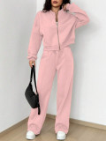 Spring autumn two-piece trendy solid color zipper long sleeve loose top elastic sweatpants two-piece set