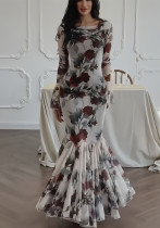 Women French floral print long sleeve dress Women French floral print long sleeve dress