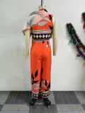 Printed Slash Shoulder Irregular Wide Leg Jumpsuit