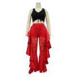 Fashion Women's Sexy high waist Ruffle See-Through Lace Pants