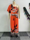 Printed Slash Shoulder Irregular Wide Leg Jumpsuit