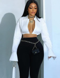 Autumn sexy Slim Waist solid color Turndown Collar crop long-sleeved shirt