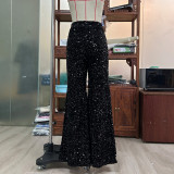 Women Solid Color Sequin Fashion Casual High Waist Wide Leg Pants