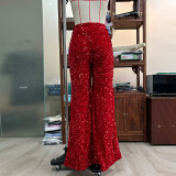 Women Solid Color Sequin Fashion Casual High Waist Wide Leg Pants